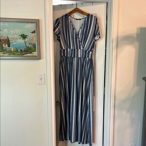 Blue and White V-Neck Flutter Sleeve Maxi Dress